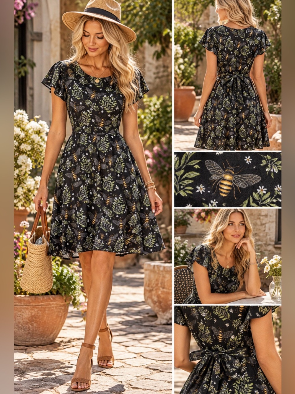 LA Soul Bee Floral Botanical Print Fit & Flare Dress Tie Waist Flutter Sleeve M